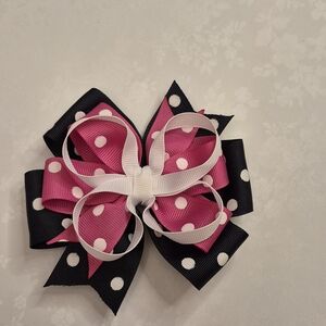 Pink and Black Polka Dot Hair Bow With White Loops Layered Handmade